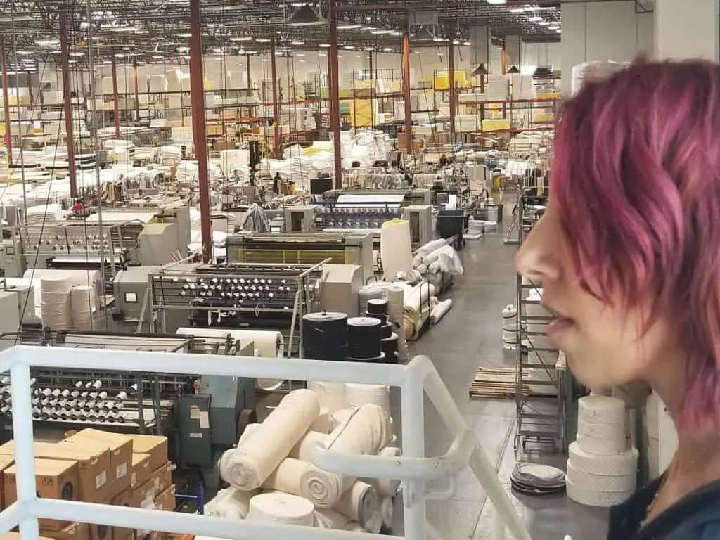 Rana on a tour of brooklyn bedding factory in phoenix az